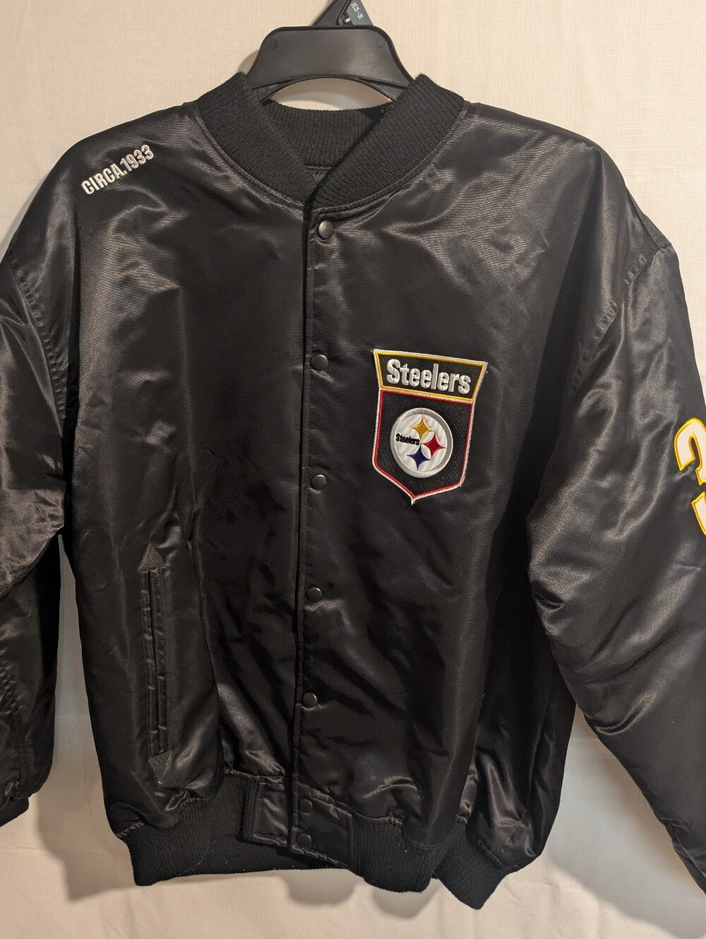 Vintage NFL Pittsburgh Steelers Black Satin Bomber Jacket with Yellow Accents